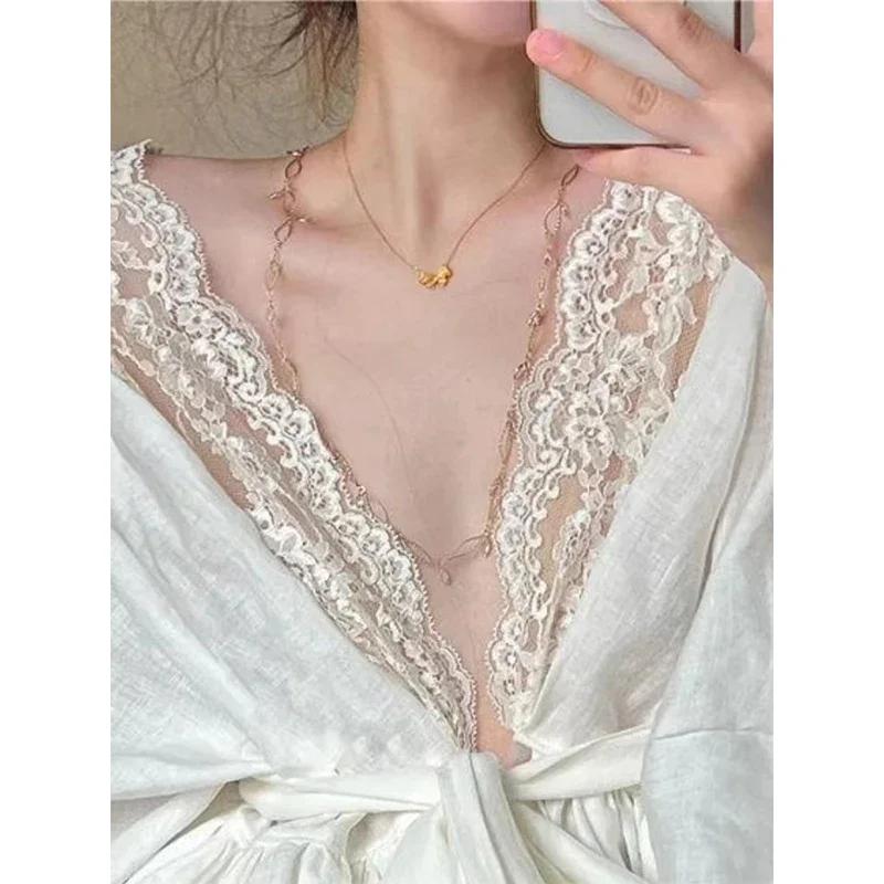 Lace Shirts Women Vintage Sexy V Neck Bandage Blouses Summer Fairy Korean Patchwork Long Sleeve Casual