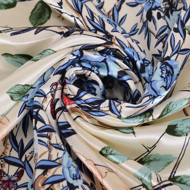 [BYSIFA] Chinese Style Women Silk Scarf Ne Roses Vase Pattern Blue Satin Large Square Scarves Wraps Elegant Muslim Headscarves