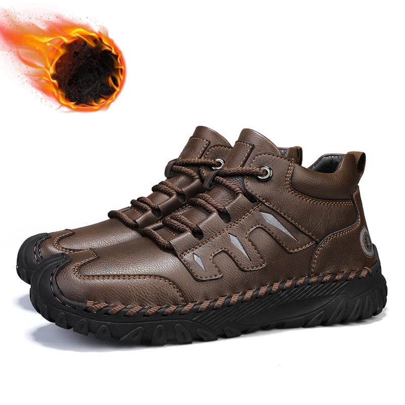 

Модные мужские высококачественные кожаные туфли, модные уличные ботильоны, мужские зимние бархатные теплые ботинки на шнуровке 2024 года, фирменные высокие ботинки 45 темно-коричневого