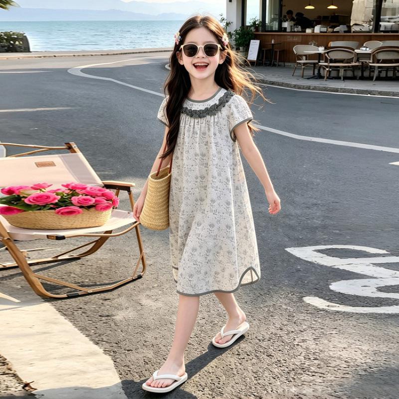 Girls  Summer 2026 Stylish Korean Ink Print Midi Dress 150 cm