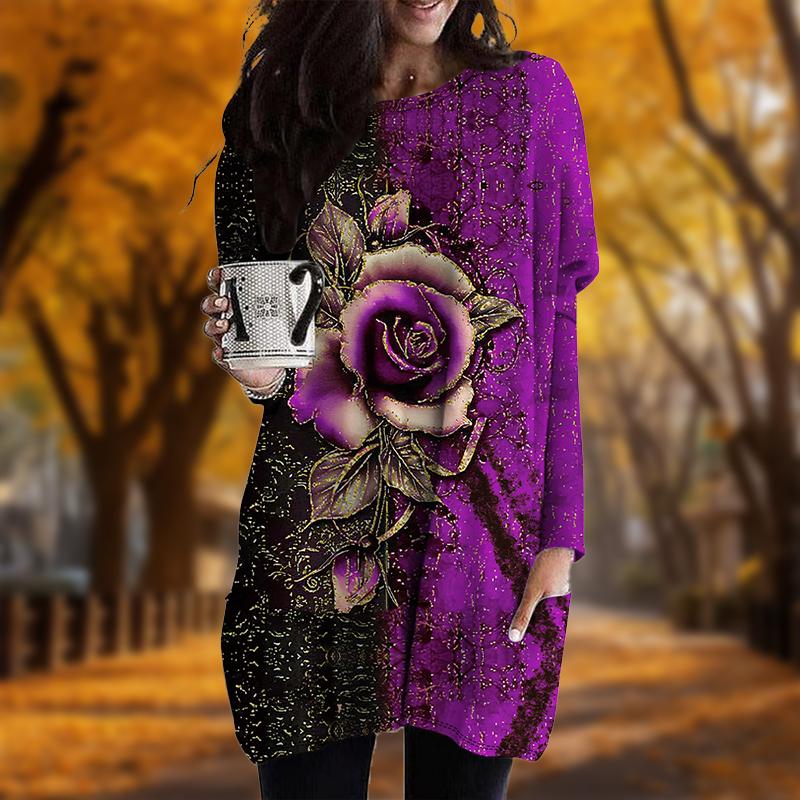 New In Autumn Metal Rose Print Plus Size Dress Women O'neck Long Sleeves Casual Pocket Dresses