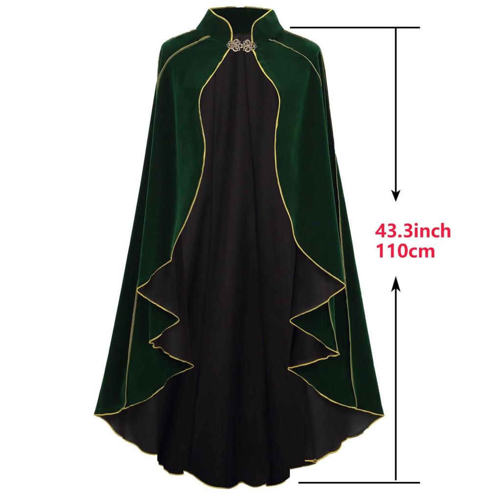 Women Medieval Cloak Stand Collar Deluxe Velvet Gold Trim Cape For Adult Christmas Halloween Paty