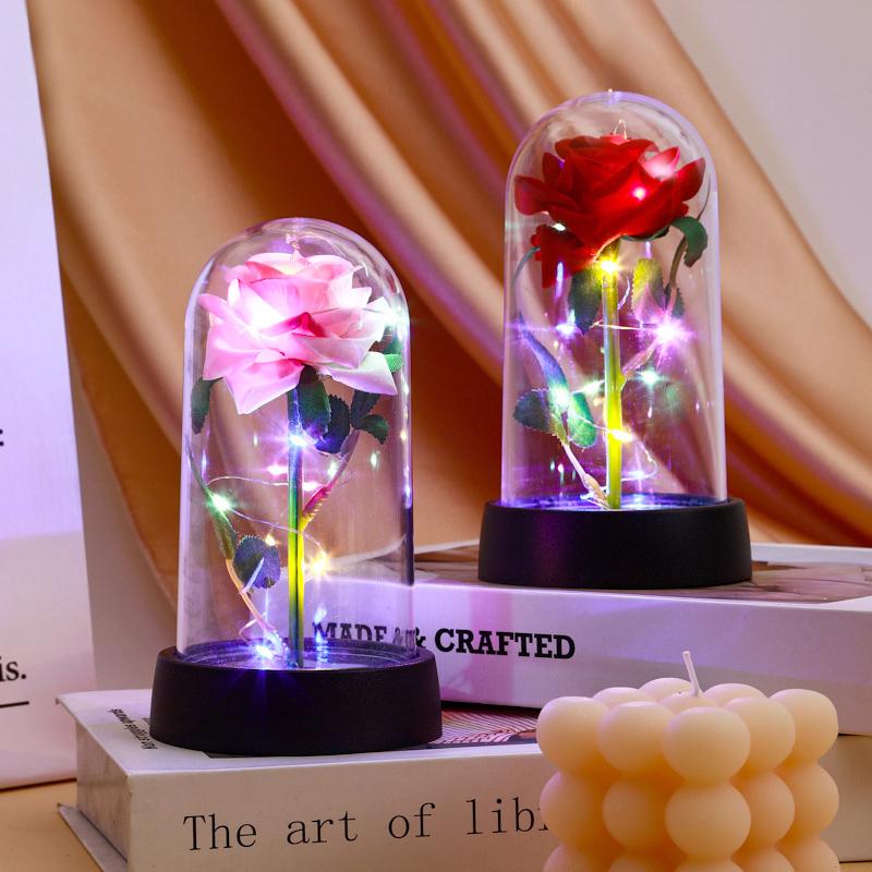 Eternal Rose in Glass Dome Desk Accessorie Artificial Flower Glow LED Roses Flores Eternas Birthday Christmas Gifts Room Decor