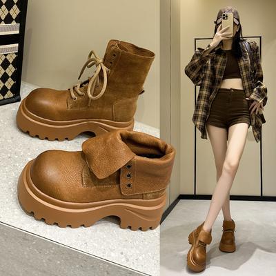 Inner Heightening First-layer Cowhide Martin Boots Women's 2025 New British Style Brown Popular Thick-soled Retro Locomotive Boots
