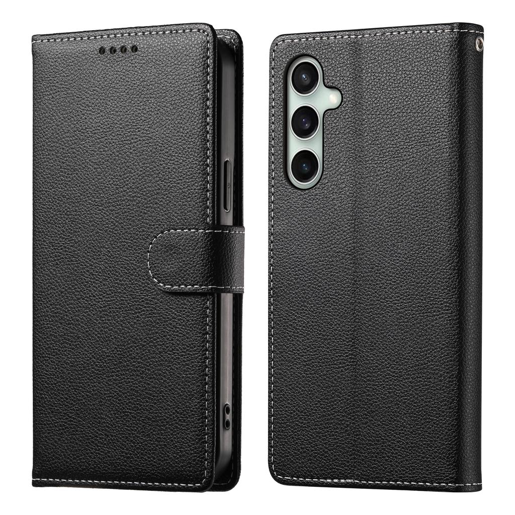 For Samsung Galaxy S25 FE Case Magnetic Snap Litchi Texture Leather Wallet Phone Cover with Wrist Strap
