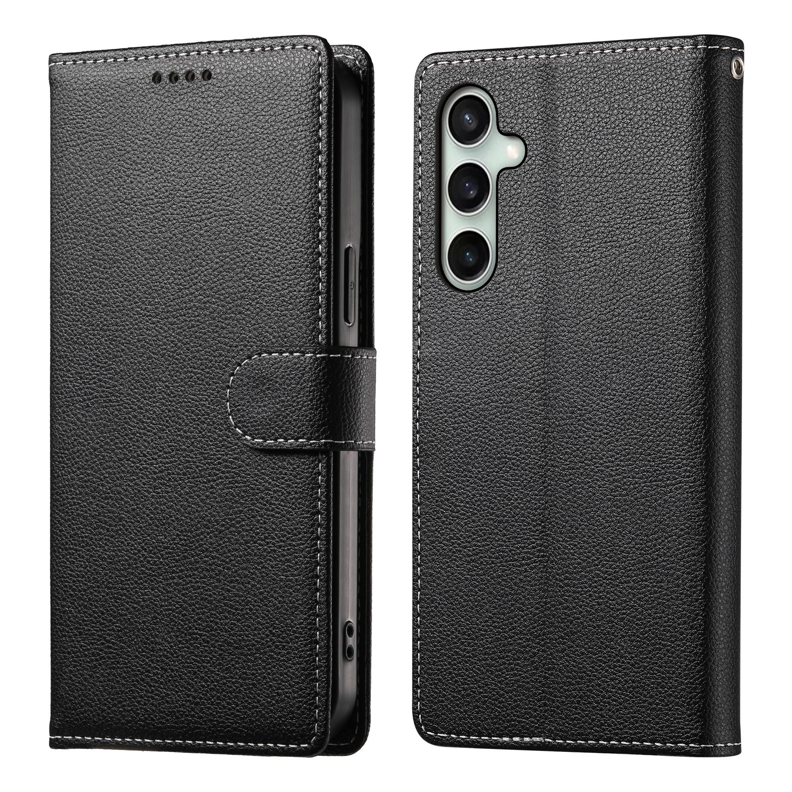 

For Samsung Galaxy S25 FE Case Magnetic Snap Litchi Texture Leather Wallet Phone Cover with Wrist Strap Black