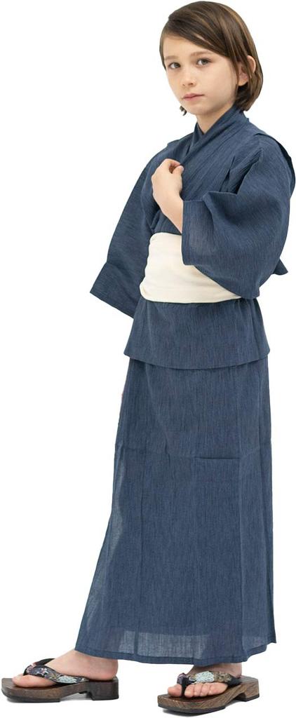 Yukata Cotton Linen Set Heko for Boys Indigo X Heko [KYOETSU] Set, Willow, Fabric, 2-piece (yukata, Obi) (110, G-12 Obi, Off-white)