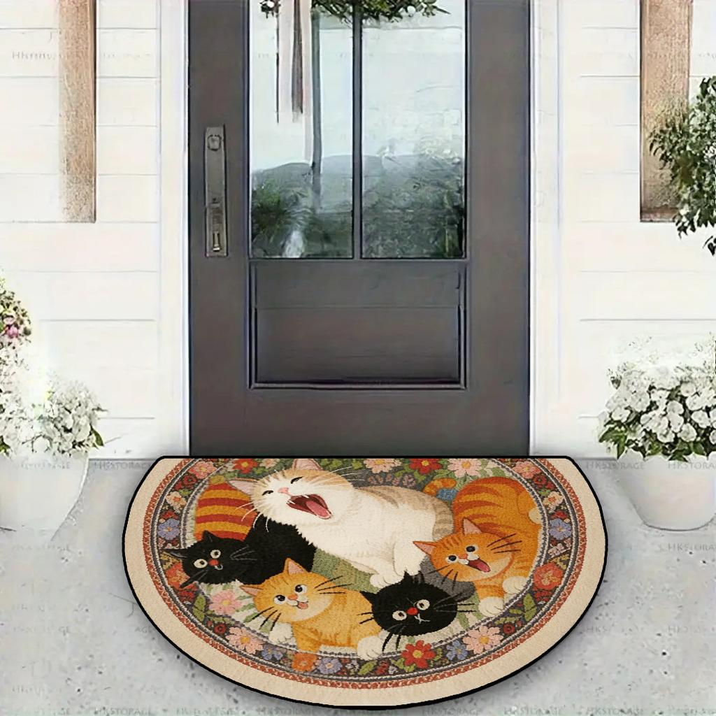 1Pcs Creative Cat Flower Semi Circle Welcome Doormat Non-Slip for Outdoor Patio Porch Kitchen Bathroom Entryway Floor Mat