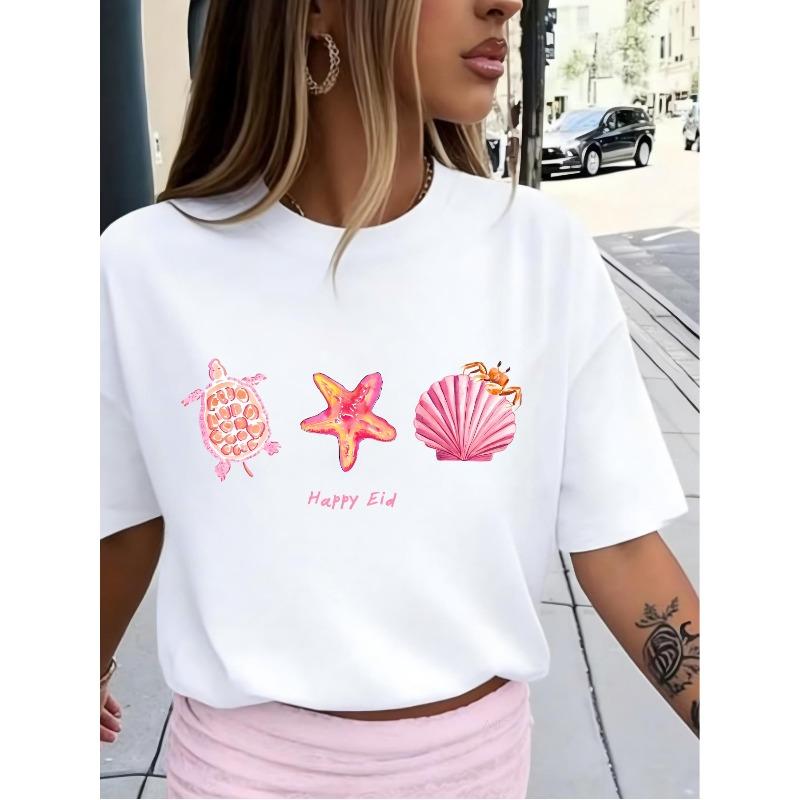 Счастливого Ид Розовые Морские Существа Принт Женская Белая Укороченная Летняя Повседневная Футболка S белый