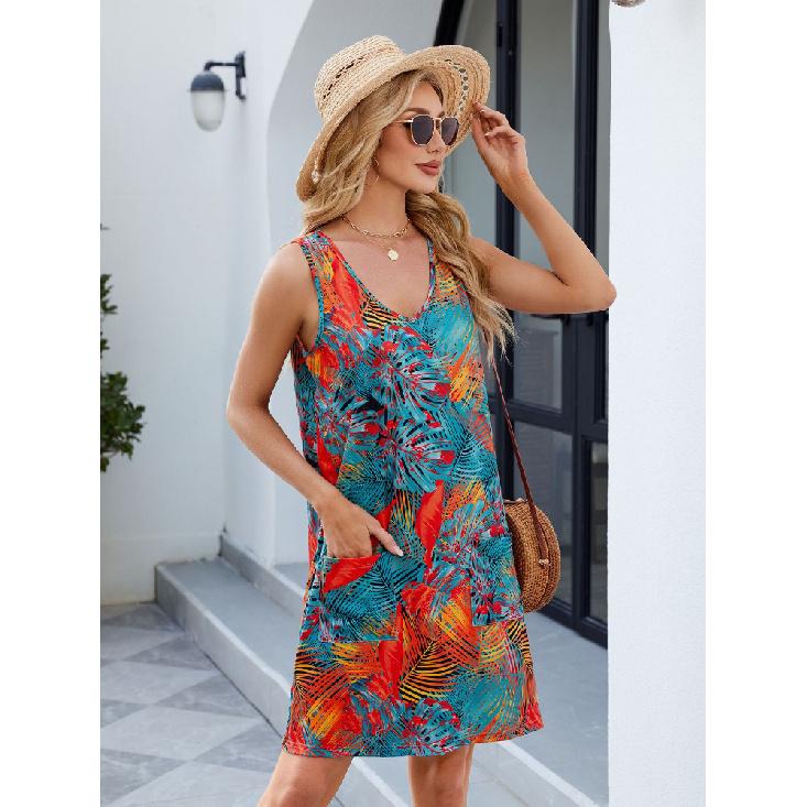 Letní Jarní Tištěné Bez ramínek Ležérní Volné Šaty ke kolenům Bez rukávů Výstřih do V Polyesterové vlákno Široký Pas Večerní šaty