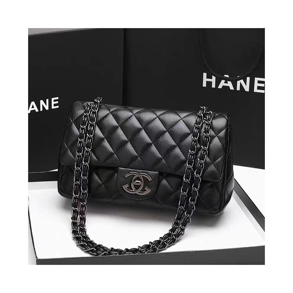 (Black) Classic Style Temperament Single Shoulder Crossbody Bag, First Layer Cowhide Fashionable and Versatile Rhombus Chain Bag Popular Women's Bag