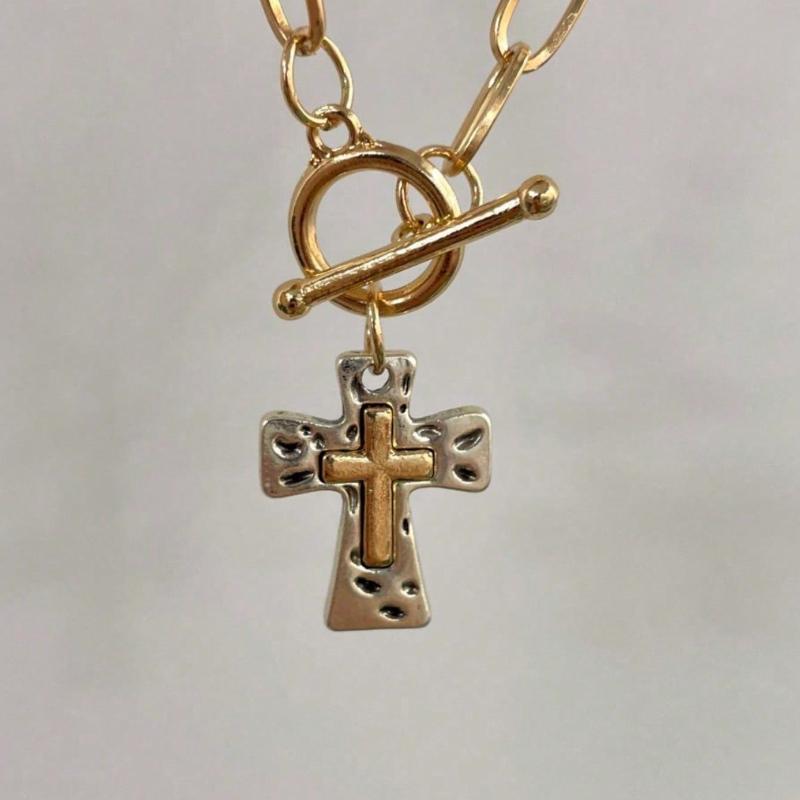 1PC Retro Boho Cross Pendant Necklace Chunky Statement Pendant Necklace for Women Unique Silvery Golden Chain Necklace Religious Christian Cross