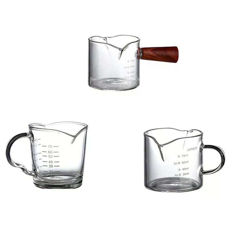1Pcs 70/75ml Espresso Shot Glass Double Spout Glass Measuring Cup Heat-Resistant Handle Clear Scale Wine Milk Coffee Measure Jug