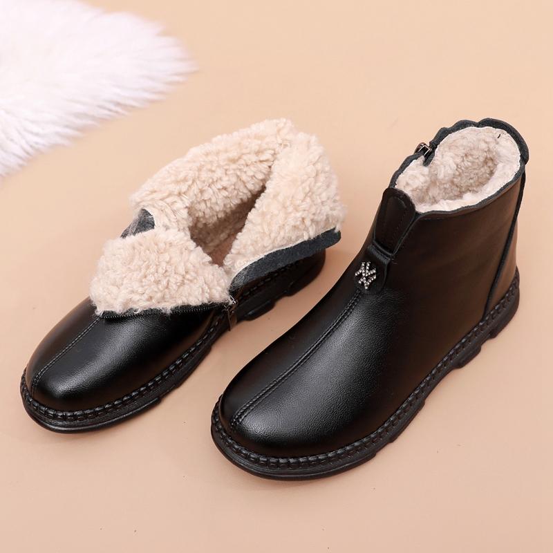 Winter Women Genuine Leather Flats Casual Ankle Boots Women's Thick Plush Warm Snow Boots Mother Waterproof Non-slip Booties