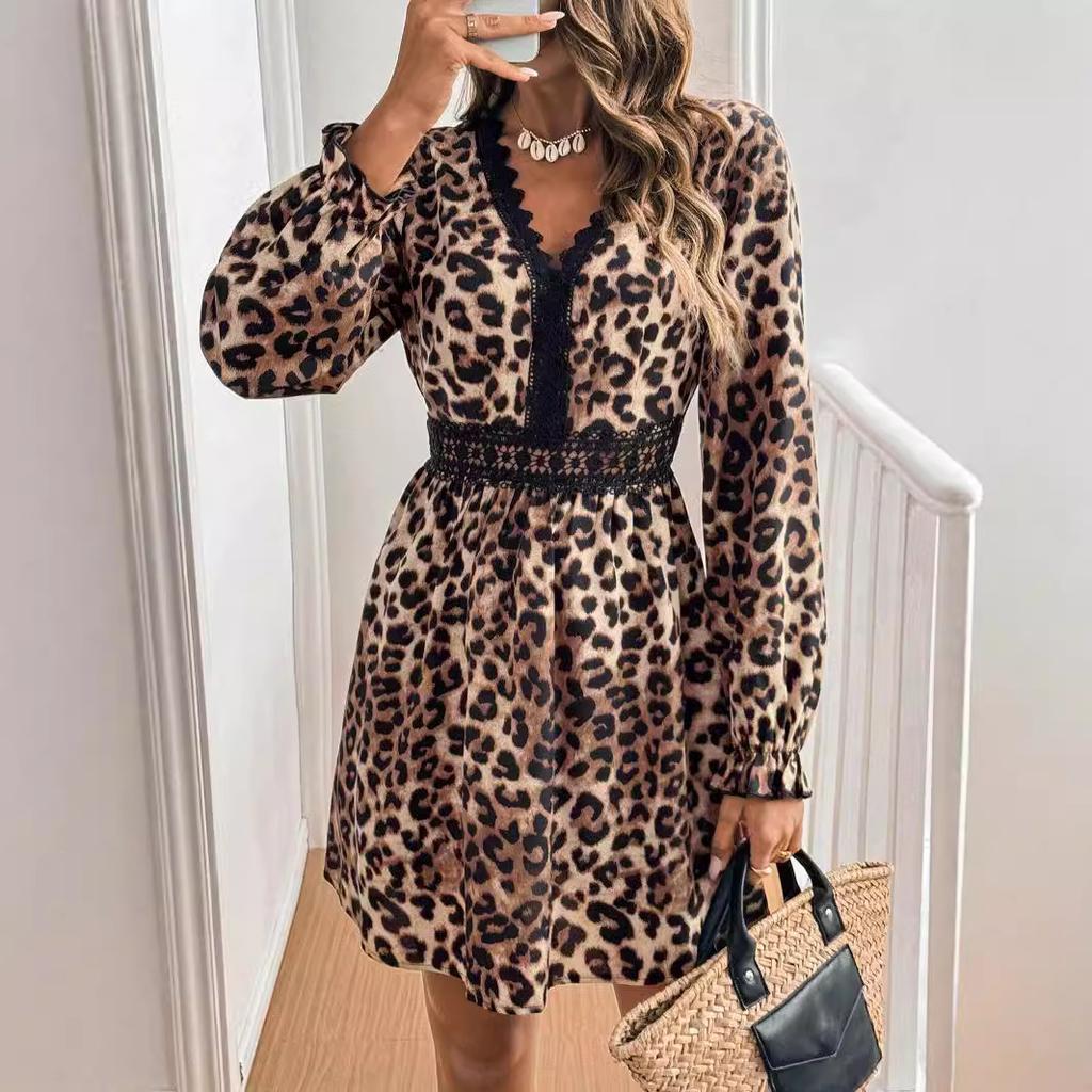French Women Retro Style V Neck Leopard Long Sleeve Lace Patchwork Long Sleeve Dress Mature Style French Retro Slim Sexy Elegant Women Maxi Dress