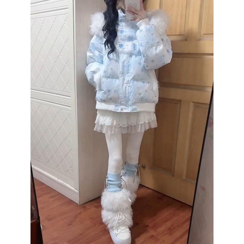 Milk whirring sweet and cute full print snowman fur collar hooded cotton coat women's winter new thickened warm cotton coat