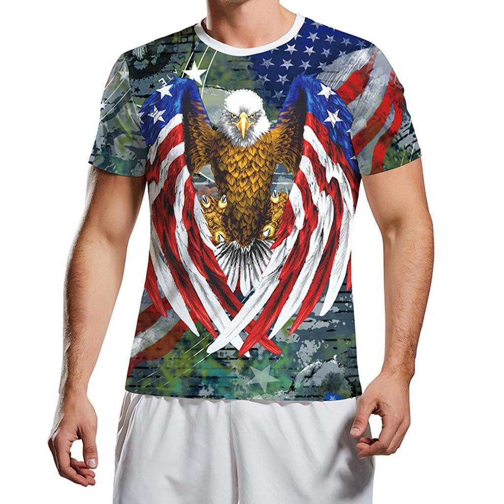 Summer Round Neck 3D American Flag and Eagle Graphic Print Top Fashionable Casual Short Sleeved Men's T-shirts