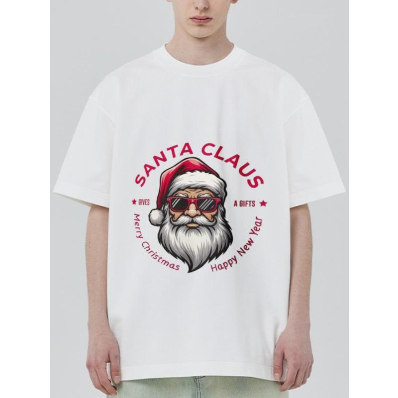 Vánoční tričko bílé Santa Claus se slunečními brýlemi a textem Veselé Vánoce Šťastný Nový Rok Sváteční párty Běžné nošení
