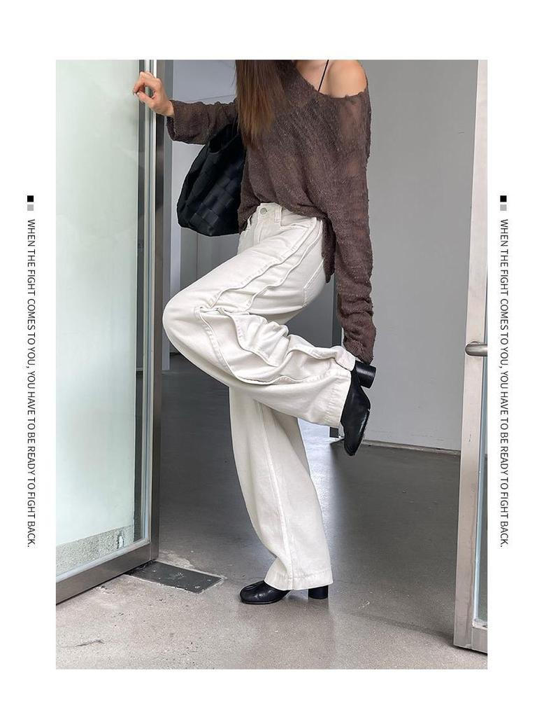 2025 Autumn/Winter Women's Off-White High-Waisted Retro Wide-Leg Jeans: Loose, Slimming, Floor-Length Straight-Leg Trousers.