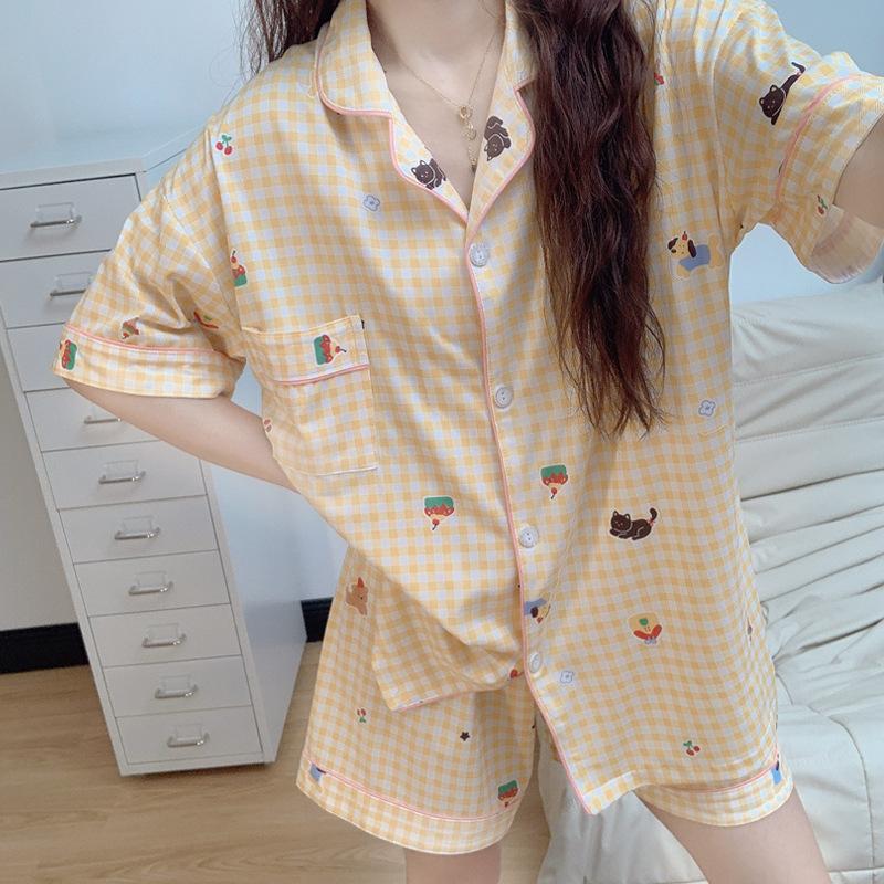 Wind Cartoon Plaid Short-Sleeved Pajamas Women'S Summer Short-Sleeved Shorts Loungewear Two-Piece Set