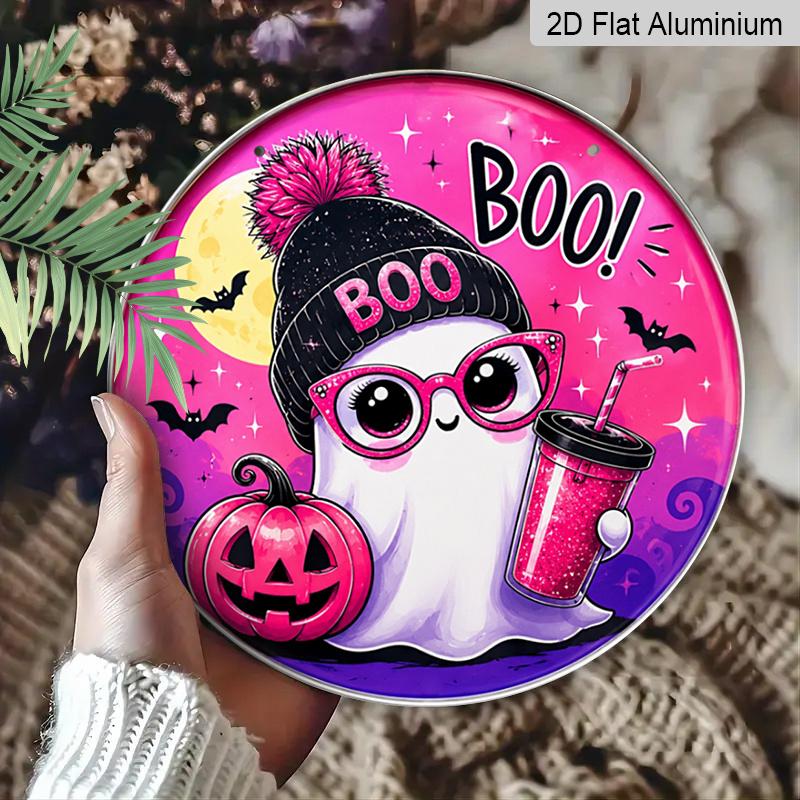 2D Flat, 1pc Round Aluminum Hanging Sign - Cute Pink BOO Decorative Signs, Halloween Holiday Party Metal Aluminum Plaque, Bar Porch Yard Living Room