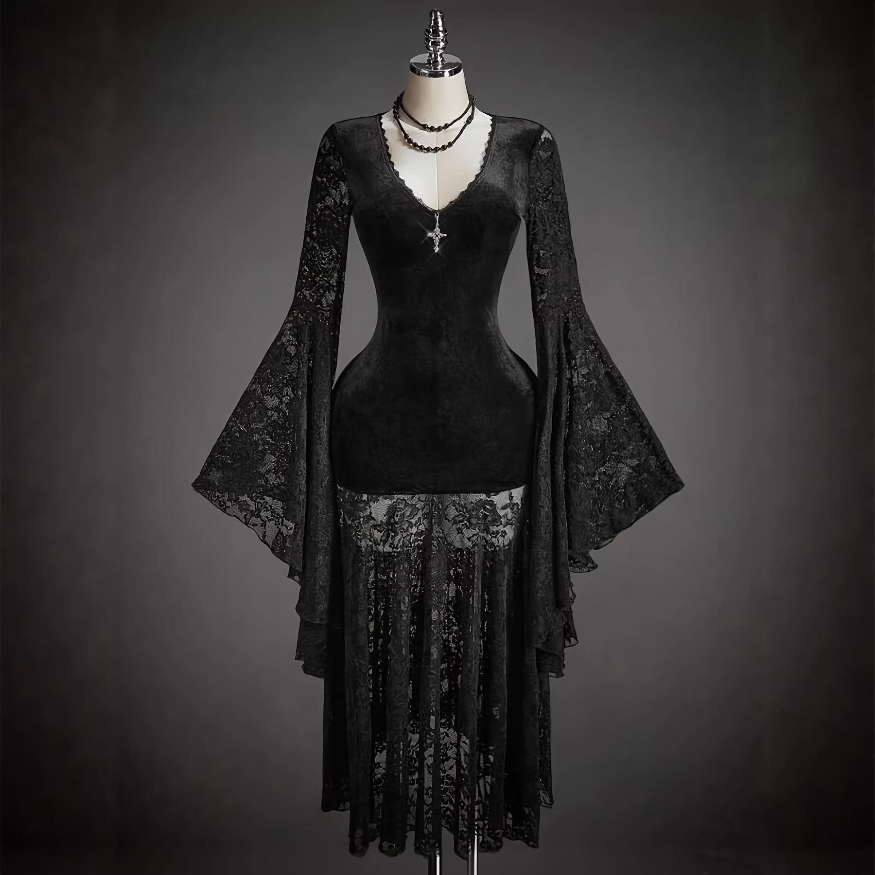 Dark Wind elegant lace dress, deep V-neck, flared sleeves, velvet and lace combination S