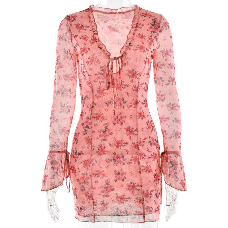 

Европейский и американский весенне-летний новый ретро-принт с глубоким V-образным вырезом, женское короткое платье с деревянными ушками, облегающее, сетчатое, с длинными рукавами, на шнуровке Pink S