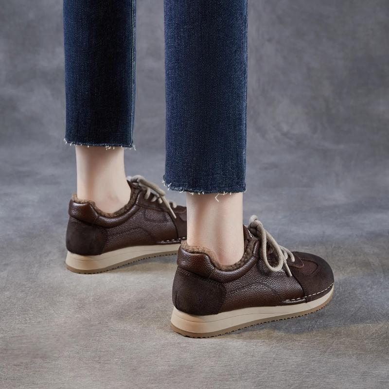 Johnature Echtes Leder Plüsch Warme Damen Schuhe Lässig Weich besohlt Sportschuhe Vielseitige Schnürschuhe Baumwollschuhe
