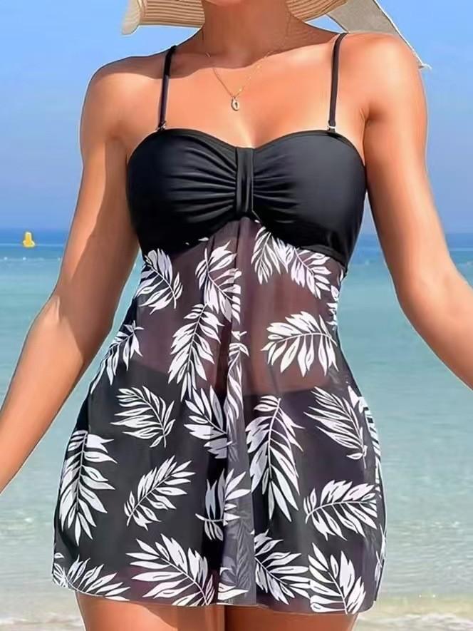 

Черный купальник монокини без бретелей с белым кружевом в виде листьев и сетчатым низом, летняя пляжная одежда S