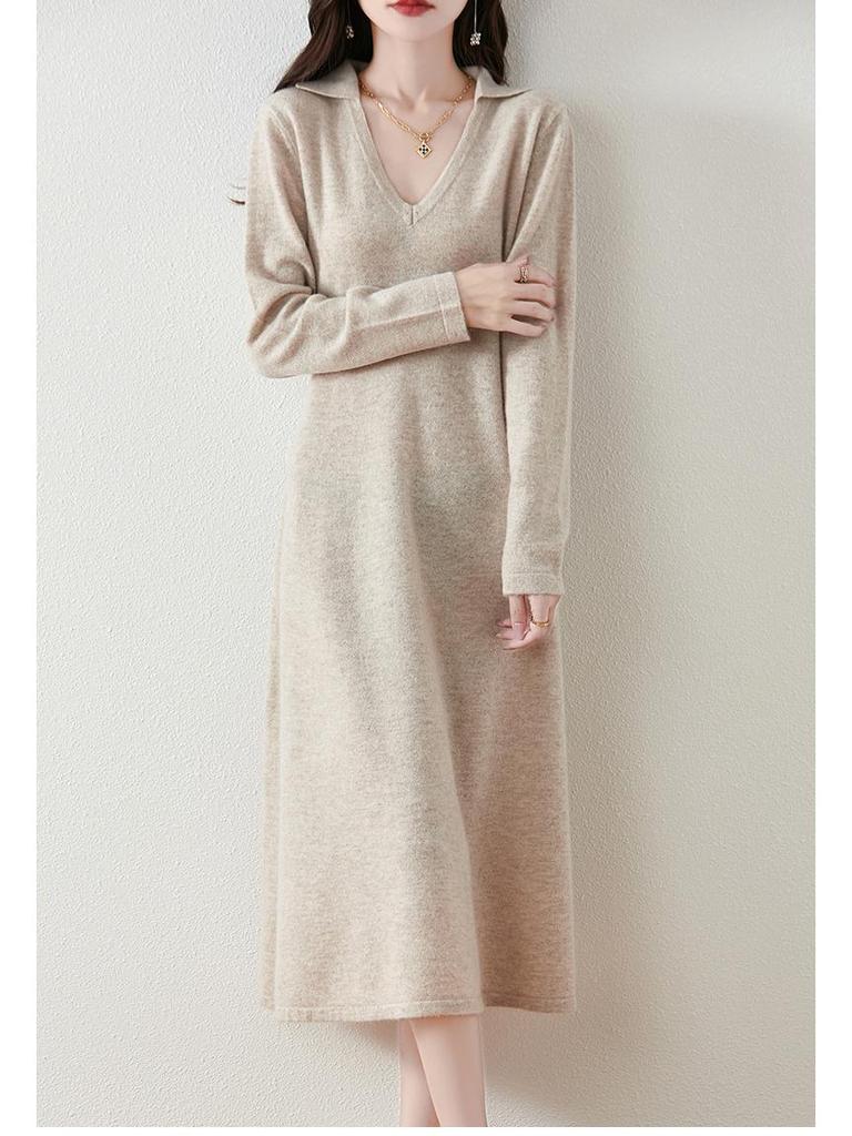 Women's 100% Pure Wool Mid-Length Knit Sweater Dress - Slimming Autumn/Winter Base Layer Long Skirt