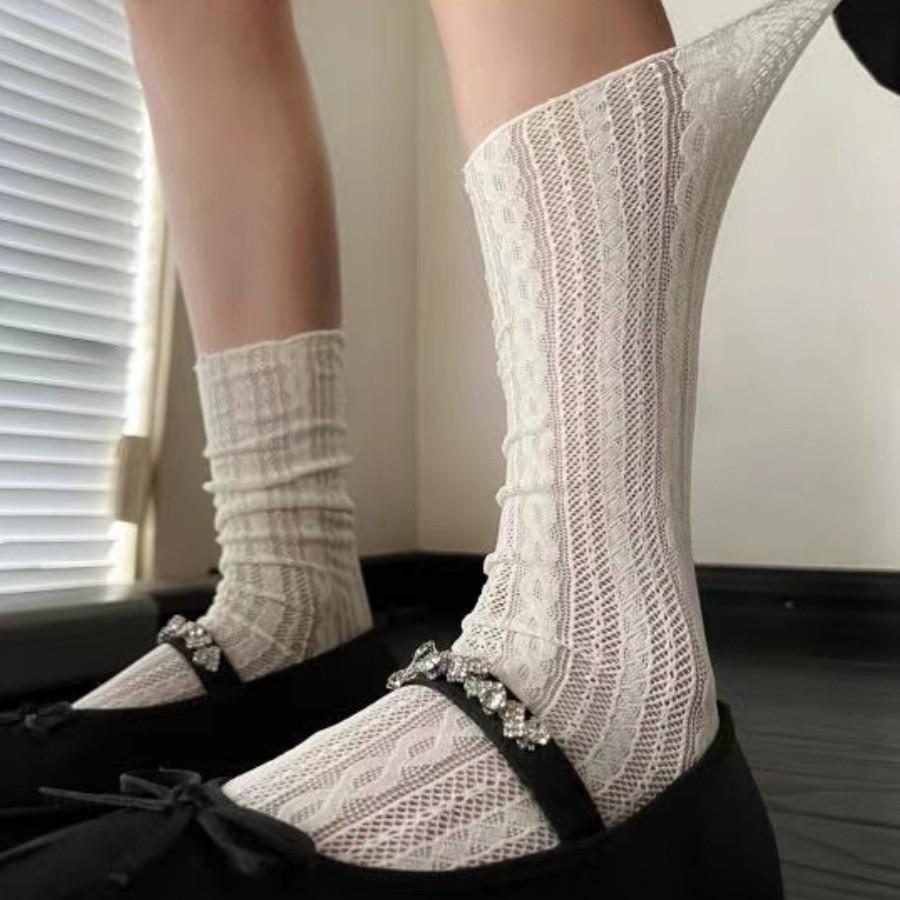 

Women s Summer Fishnet Lolita Stockings & Mary Jane Ballet-Style Openwork Cable Knit Socks One Size