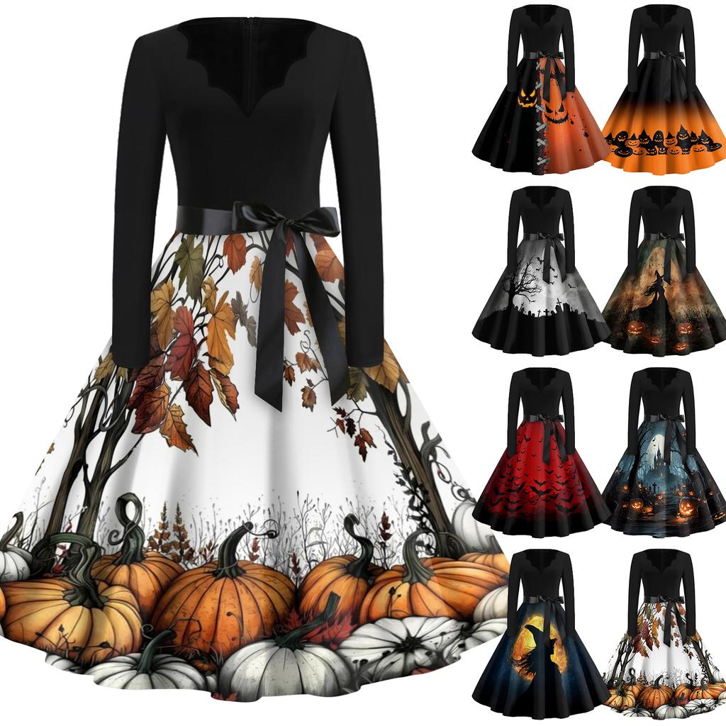 Women's Vintage Halloween Print V-Neck Dress, Casual Party Outfit for Celebrations