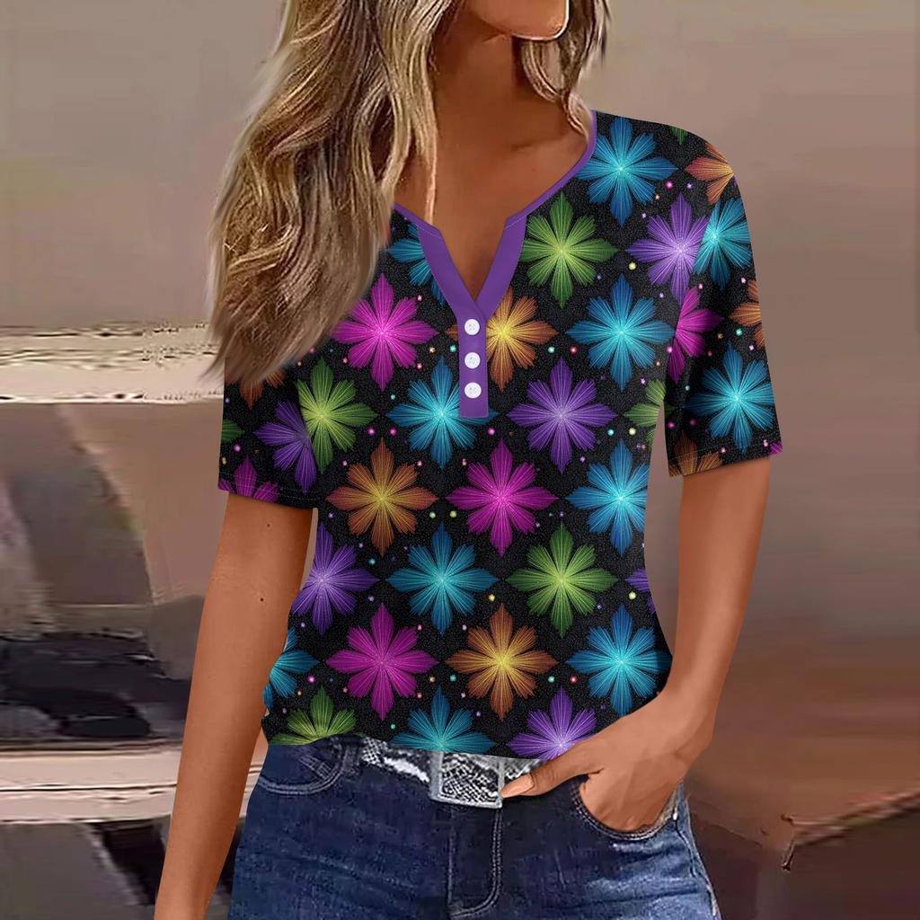 Damen-T-Shirt, T-Shirt, bedruckt, Knopfleiste, kurzärmelig, für den Alltag, Wochenende, modisch, Basic, V-Ausschnitt, normales Oberteil