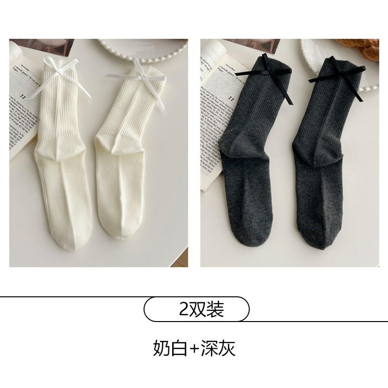 Womens Cotton Mid-Calf Socks With Bow Detail Japanese Style Ribbed Crew Soft Breathable Stackable Teens Young Adults