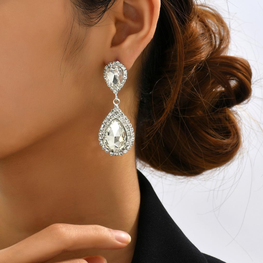 Exaggerated Bridal Wedding Earrings African Popular Ladies Diamond-encrusted Long Earrings Silver Tassel Earrings + Necklace + Jewelry