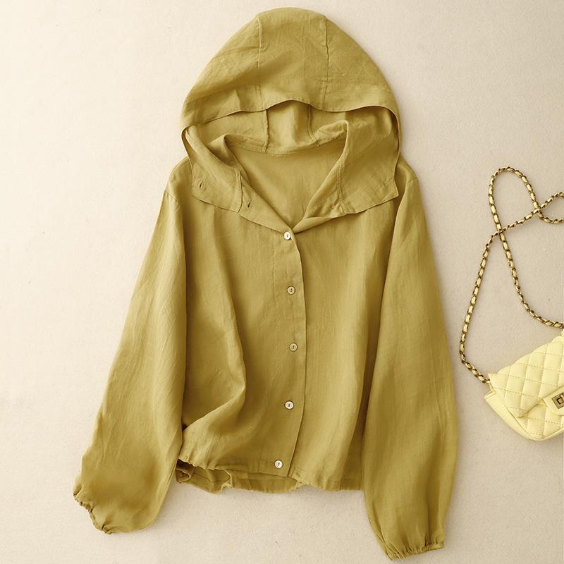 Damen Sommer Dünne Baumwolle und Leinen Kurze Jacke Locker Kapuzenpullover Langärmliger Sonnenschutz Cardigan