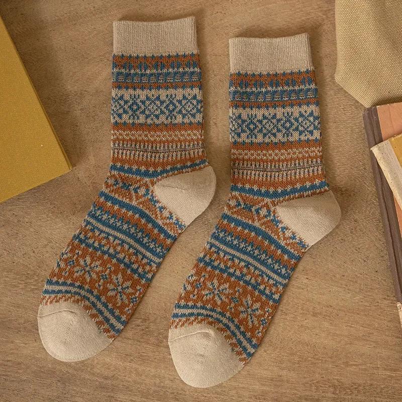 Herrensocken Herbst Winter Mode Retro Geometrische Muster Mittelhohe Socken Herren Japanische Mode Ethnisch Vintage Lange Socken