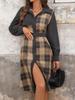 100% Clothing: 2025 Retro Plaid Patchwork Dress with Turn-Down Collar - New European & American Autumn/Winter Workplace Style.