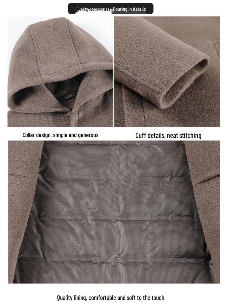 Brand Men's Korean-Style Wool Hooded Mid-Length Double-Faced Wool Down Coat Windbreaker