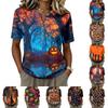 Women's Short Sleeve Henley Shirt Cotton Linen Blend Casual Button Neck Halloween Print Top for Everyday Wear