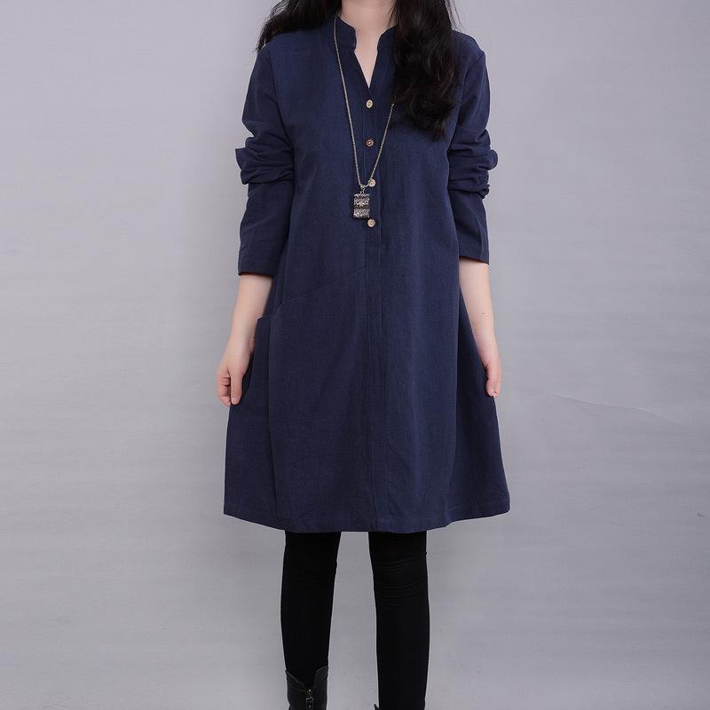 

Осеннее литературное женское свободное платье большого размера из хлопка и льна с длинными рукавами и средней длиной S темно-синий