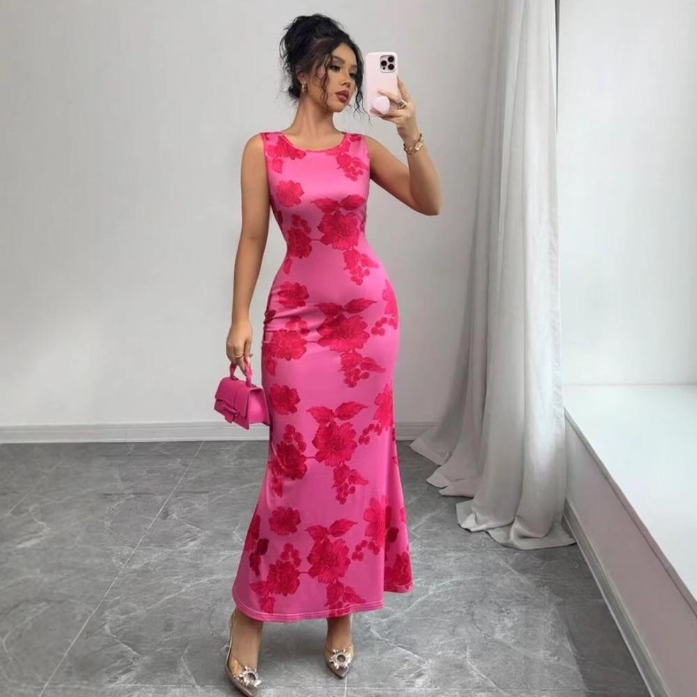 Seitlich geschlitztes sexy rückenfreies Blumenkleid für Damen Tiefer U-Ausschnitt Ärmellos Hohe Taille Lange Kleider Femme Bodycon Mode Party Abend Elegantes Kleid Dame