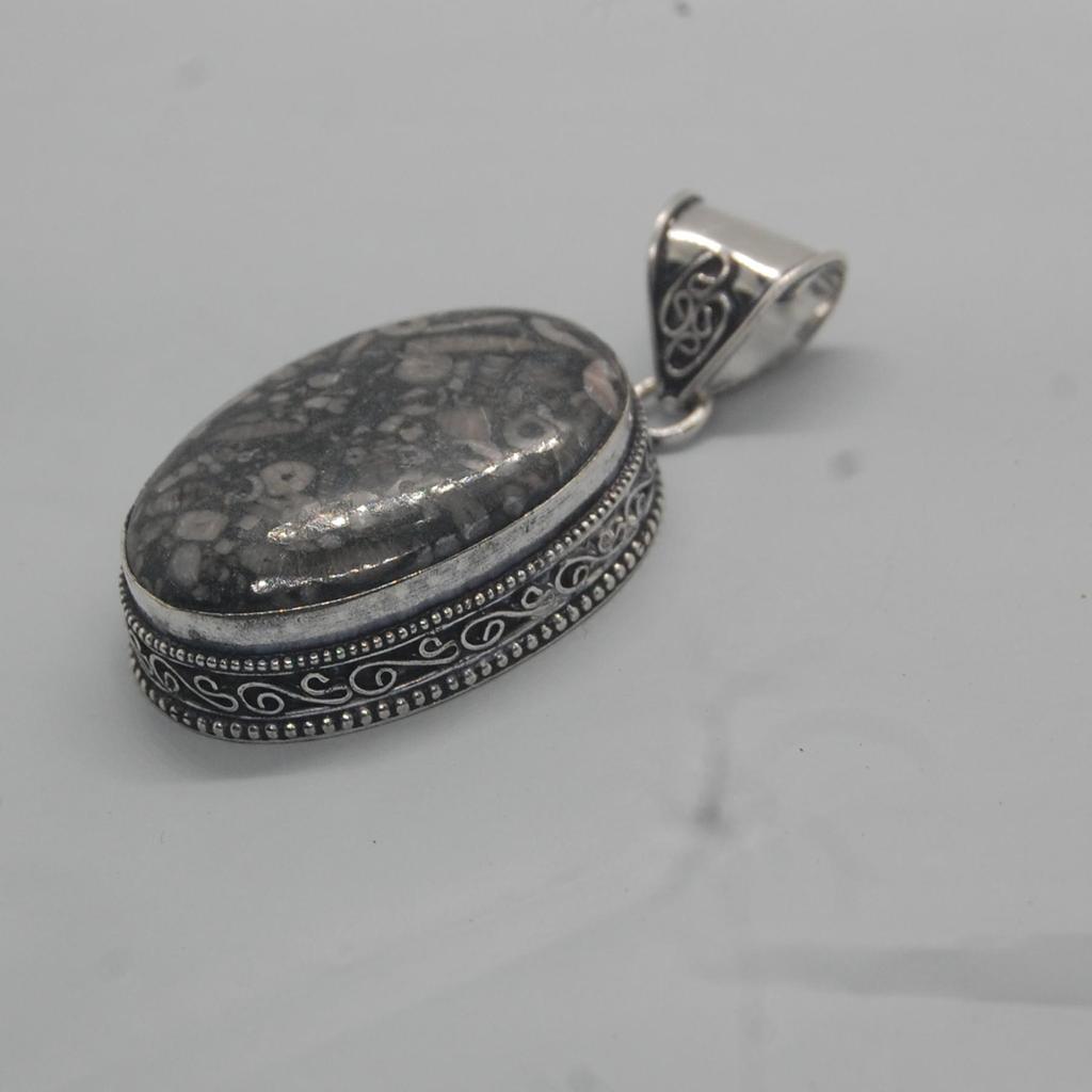 Oval Cab Crinoid Marble Fossil 925 Sterling Silver Pendant Jewelry, Brown Fossil Designer Pendant Jewelry