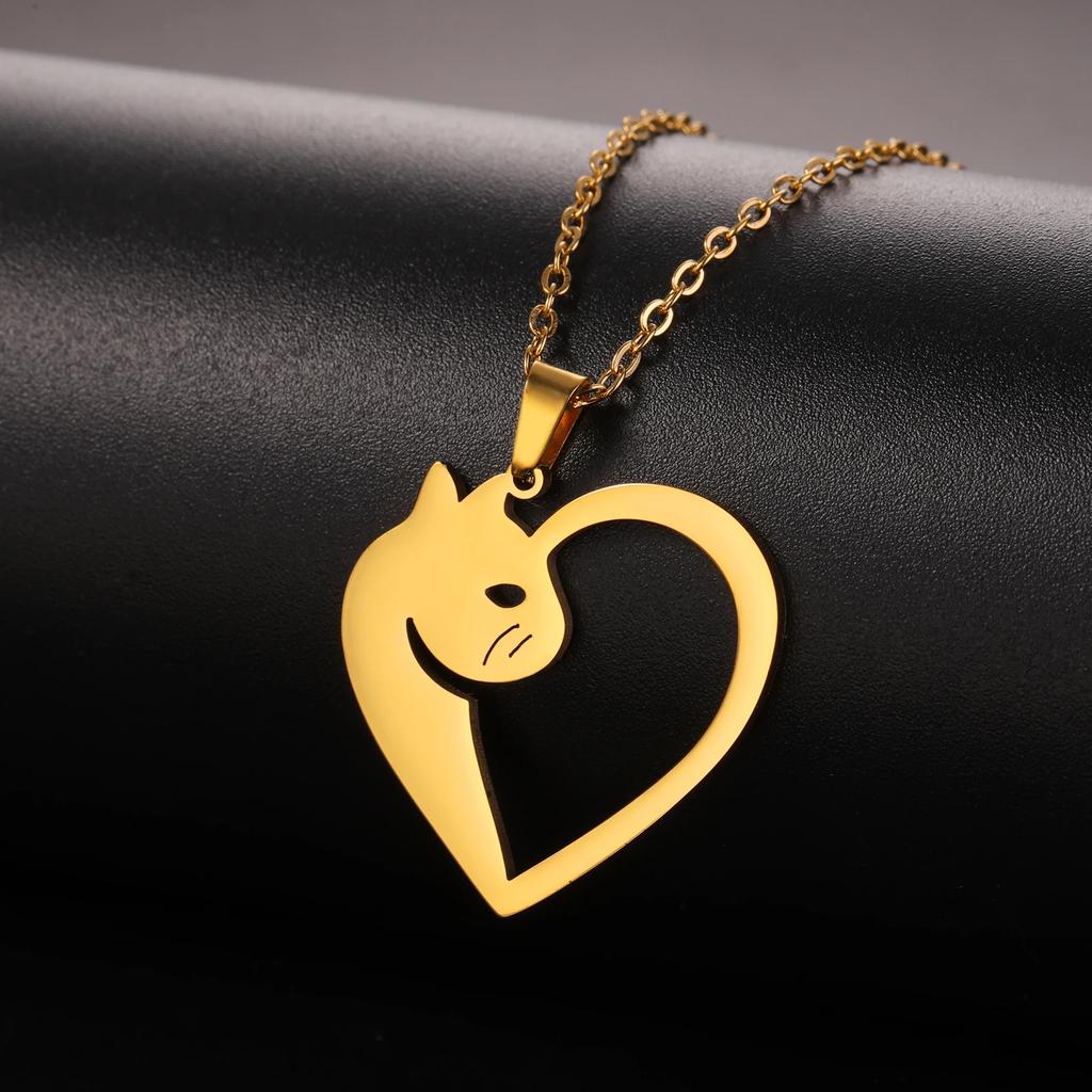 Cazador Animal Cat Kitten Heart Pendant Women's Necklace Stainless Steel Cute Choker Chain Jewelry Birthday Valentine Gift 2026