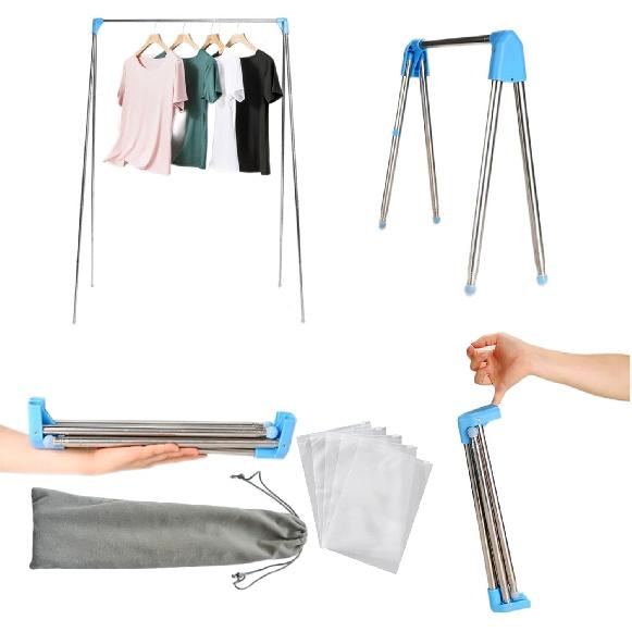 Portable Travel Garment Rack, Stainless Steel Foldable Mini Drying Clothes Rack for Travel, Camping, Hotel Room, Laundry, Dance, Indoor, Outdoor