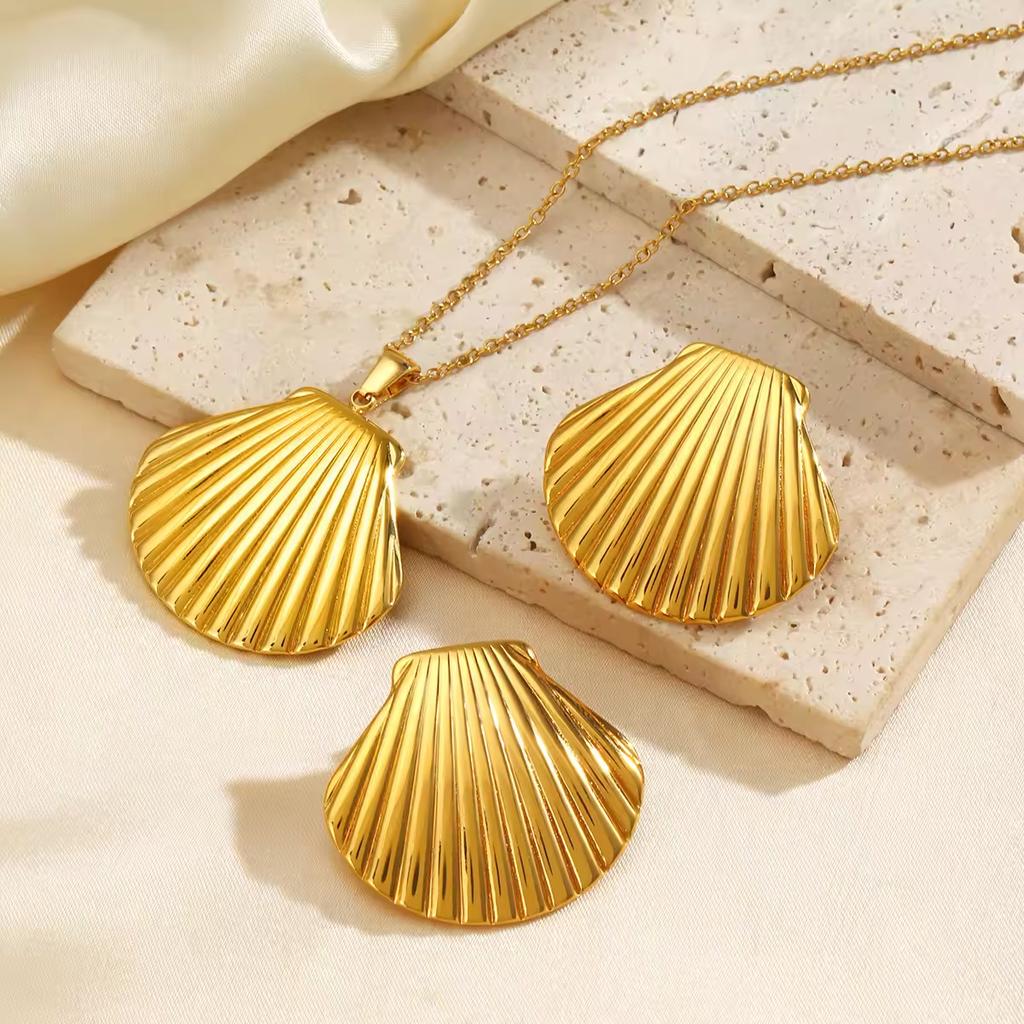 Vacation Stainless Steel Ocean Element Shell Heart Bow Flower Earrings Necklace Women's Beach Jewelry Set