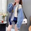 Autumn New Loose Denim Splicing Knitted Pullover Sweater Women's Lazy Style Fashion Medium and Long Top Women