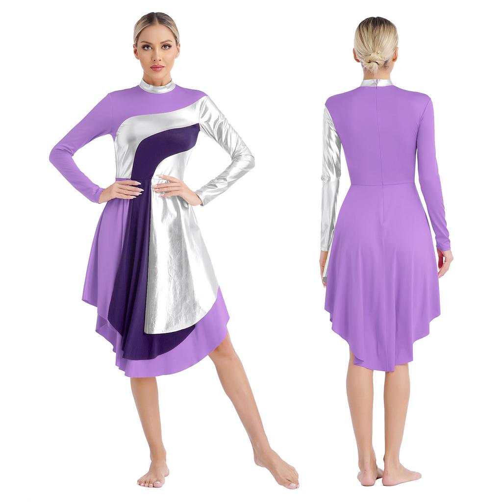Women Color Block Liturgical Praise Dance Dress Church Worship Costume Lyrical Irregular Hem Dancewear
