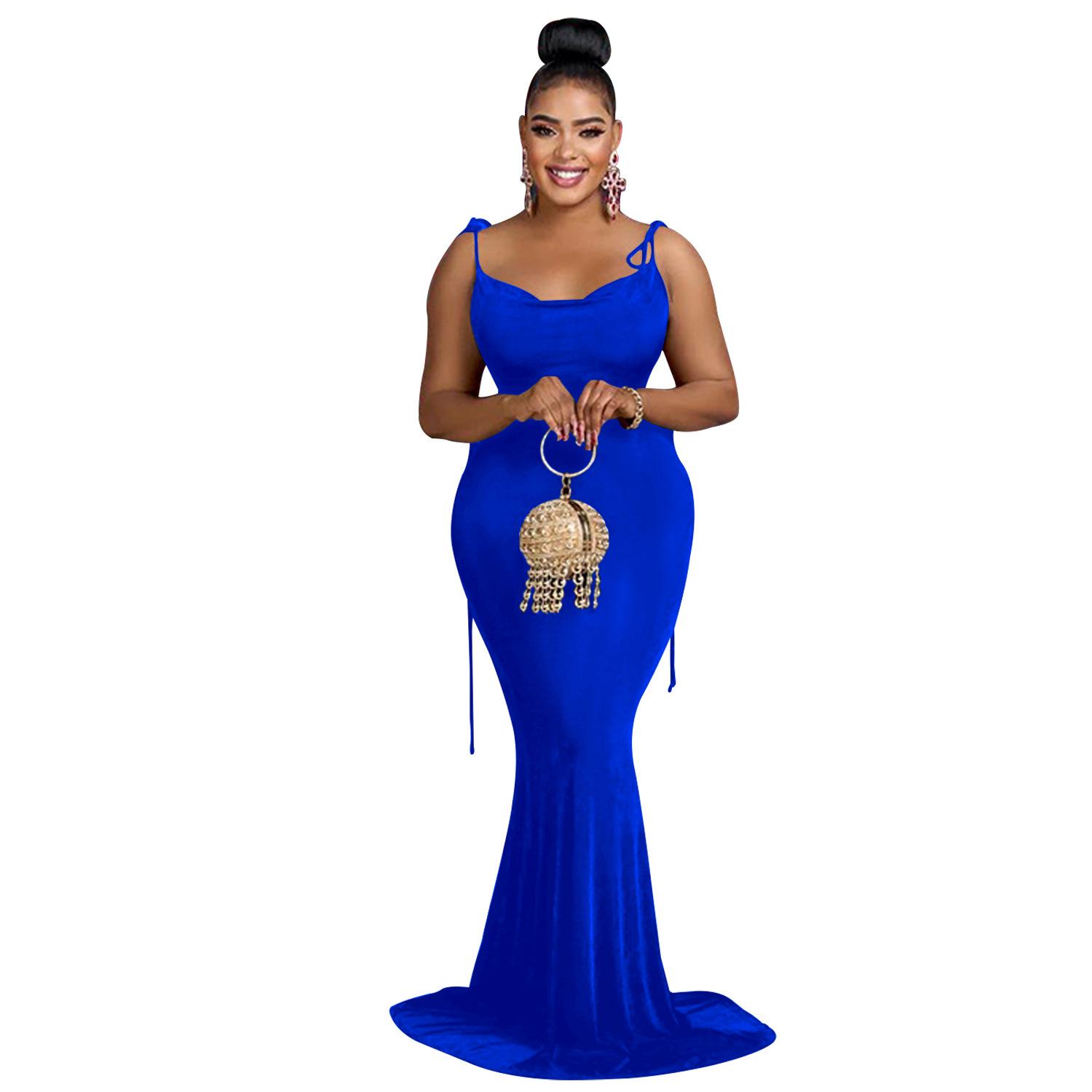 

Женское однотонное длинное платье без рукавов с бретелями-завязками на плечах - Модное для Европы и Америки (X6232) XL синий