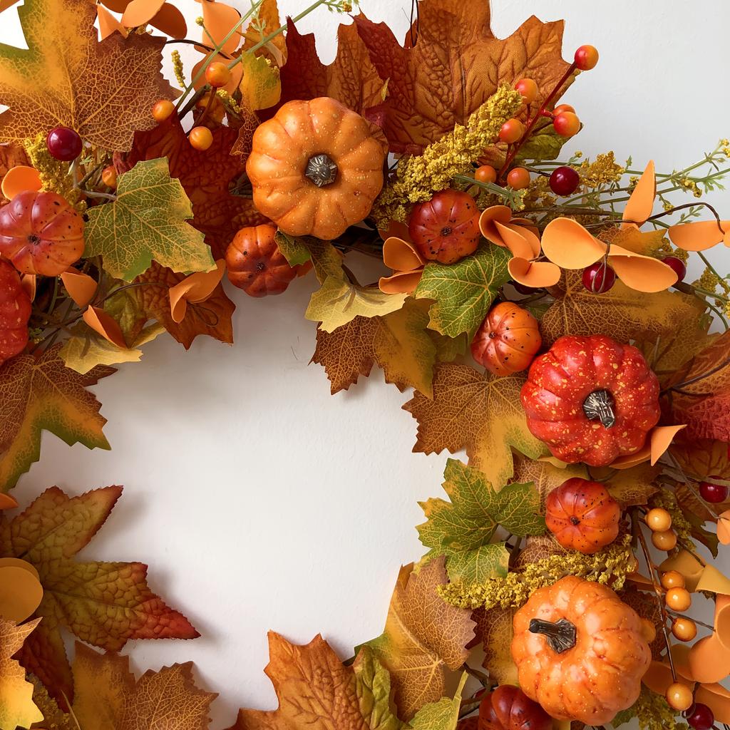 Autumn Harvest Wreath with Pumpkins & Berries. Durable, No Maintenance. Perfect for Thanksgiving & Halloween Decor.